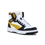 Championes de caña media Puma Rebound V6, color blanco con detalles en negro y amarillo mostaza.