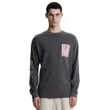 Remera gris de manga larga con cuello redondo y estampado en el pecho y en la manga izquierda.