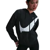 Campera deportiva negra con capucha y cierre frontal, con logo de Nike estampado en blanco en el pecho y la espalda.