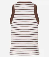 Musculosa blanca con rayas horizontales marrones, cuello redondo y sisas con ribete marrón.