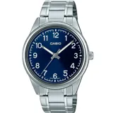 Reloj Casio con caja y pulsera de acero plateado, esfera azul con números arábigos y agujas plateadas.