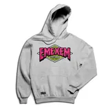 Canguro gris con capucha y bolsillo delantero, con logo de la marca Emexem en el pecho, en color rosa y verde.
