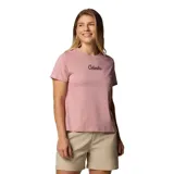 Remera blanca de algodón orgánico con cuello redondo y logo de Columbia estampado en el pecho.