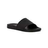 Chanclas negras de goma con tira ancha y logo de Diadora en relieve.