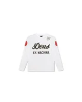 Remera blanca de manga larga con cuello redondo y puños acanalados. Estampado frontal con el logo de la marca Deus Ex Machina en color negro.