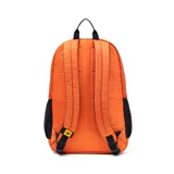 Mochila azul con logo de Caterpillar en blanco, con bolsillo frontal con cordones elásticos cruzados, bolsillos laterales de malla y elementos reflectantes.