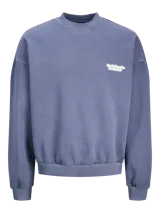 Buzo azul de manga larga y cuello redondo, con calce oversize y logo estampado en el pecho.