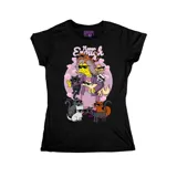 Remera entallada negra con estampado colorido de gatos y personajes animados.