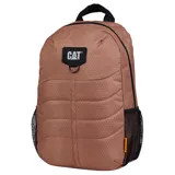 Mochila Caterpillar color marrón con diseño geométrico en relieve. Cuenta con un compartimento principal con cierre de cremallera, un bolsillo interno acolchado para laptop, un bolsillo frontal con ranuras para bolígrafos, tirantes ajustables de malla elástica, asa superior y bolsillos laterales de malla.