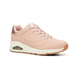 Championes Skechers Street Uno - Shimmer Away, color rosa con detalles en dorado. Capellada de durabuck sintético con borde metálico, cordones elásticos, plantilla Skechers Air-Cooled Memory Foam y cámara de aire visible Skech-Air.