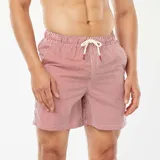 Short de baño rojo con rayas verticales blancas, cintura elástica y cordón ajustable.