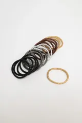 Pack de 12 gomitas finas para el pelo con lurex en colores surtidos: negro, plateado, dorado y marrón.