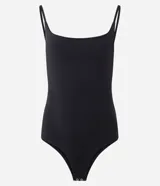 Body negro sin mangas, confeccionado en microfibra, con breteles finos, escote en U y cierre en la entrepierna.