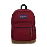 Mochila JanSport Right Pack color borgoña con base de gamuza marrón, logo de la marca en el frente y compartimento interno para laptop.