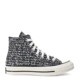 Championes Converse Chuck 70 Hi, unisex, color negro con textura brillante y detalles plateados.