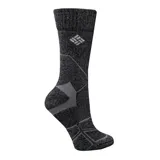 Calcetines largos de lana color gris jaspeado, con detalles geométricos en gris claro y logo de la marca en el tobillo.