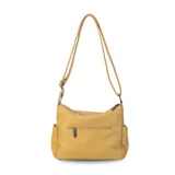 Cartera de cuero color borgoña, con correa larga regulable, dos bolsillos frontales con cierre y un bolsillo trasero con cierre.