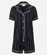 Conjunto de pijama de dos piezas, compuesto por una blusa de manga corta con cuello solapa y abotonadura frontal, y un short con cintura elástica y lazo. El conjunto es de color negro con rayas verticales blancas y ribetes blancos contrastantes.