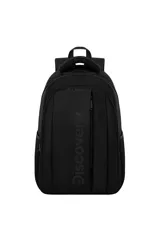 Mochila negra con diseño vertical del logo "Discovery" en relieve en el panel frontal. Presenta correas acolchadas, asa superior y bolsillo frontal con cierre vertical.