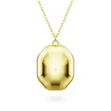 Colgante con cadena dorada y dije octogonal con piedra rosa y piedra verde en forma de pera superpuesta.