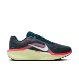 Championes de running Nike Air Winflo 11, color azul petróleo con detalles en rosa y suela amarilla.