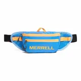 Riñonera Merrell Crest 1.5L unisex, color azul con detalles en naranja y logo amarillo. Cuenta con panel trasero acolchado, cierres laterales, cinturón de cadera acolchado con almacenamiento y correas de compresión.