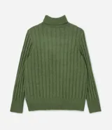 Polera de punto texturizado de rayas verticales color verde. Prenda alargada y con cuello alto.