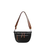 Riñonera negra con correa marrón desmontable, bolsillo frontal con cierre y compartimento interno.