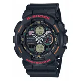 Reloj Casio G-Shock negro con detalles en rojo y naranja. Cuenta con pantalla analógica y digital, resistencia a impactos y al agua hasta 200 metros.