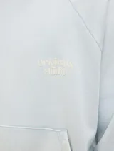 Buzo con capucha celeste, de manga larga y fit loose. Confeccionado en tejido loop back cepillado por dentro, con mangas ranglán, puños de canalé, forro de la misma tela en el interior de la capucha y estampa en goma de tacto suave ubicada en la espalda.