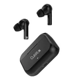 Auriculares inalámbricos negros con estuche de carga, diseño ergonómico y controles táctiles.