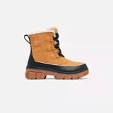 Bota de invierno Sorel Tivoli V WP para mujer, color curry. Fabricada con gamuza impermeable, cuello de piel sintética y suela de goma moldeada.