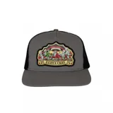 Gorro gris con visera curva y paneles traseros de malla negra. Parche frontal con diseño de calaveras cenando y logo de Santa Cruz.