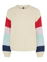 Sweater de punto color crema con cuello redondo y mangas largas con rayas horizontales en colores rojo, celeste, azul y rosa.