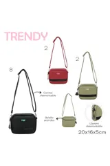 Bandolera negra con correa ajustable y logo TRDY en verde agua.