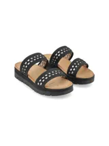 Sandalias negras con plataforma, dos tiras anchas con apliques plateados y suela de poliuretano.