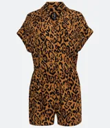 Mono corto de viscosa color marrón con estampado de jaguar, cuello camisero en V, mangas cortas y bolsillos delanteros.