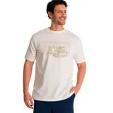 Remera color crema de corte recto y manga corta, con estampa frontal de un tractor y texto en color beige.