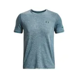 Remera deportiva gris jaspeado de corte clásico, con cuello redondo y mangas cortas. Confeccionada con tejido de punto transpirable y tecnología seamless para mayor comodidad.