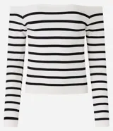 Blusa corta de manga larga con escote hombro a hombro y diseño a rayas horizontales blancas y negras.