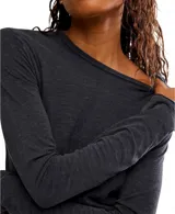 Remera de manga larga color gris oscuro, con cuello redondo y terminaciones al corte. Está confeccionada en una mezcla de algodón orgánico y reciclado, ofreciendo un calce entallado y cómodo.