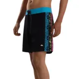 Short de baño Quiksilver Next Gen negro con cintura celeste, cordón de ajuste negro y estampado lateral con el logo de la marca en colores celeste, amarillo y fucsia.