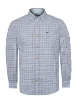 Camisa de franela de algodón orgánico con cuello americano abotonado, manga larga, corte regular y estampado a cuadros en tonos azul, blanco y rojo.