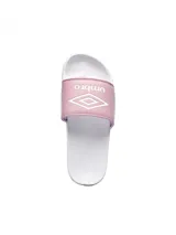 Ojotas blancas con tira ancha negra con el logo de Umbro en blanco.