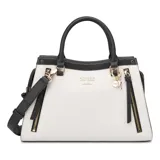 Bolso satchel Guess modelo Wrenley, color blanco con detalles en negro y herrajes dorados. Tiene doble asa de mano, correa bandolera ajustable y extraíble, cierre superior con cremallera y bolsillos internos.