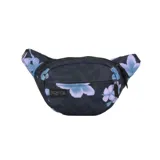 Riñonera negra con estampado de flores en tonos azules, diseño ligero y práctico.