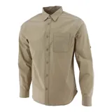 Camisa de popelina verde con cuello abotonado, cierre frontal con botones, bolsillo de parche en el pecho izquierdo, mangas largas con trabillas para enrollar y dobladillo camisero.