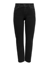 Pantalón de jean negro de corte recto, tiro alto y largo hasta los tobillos.