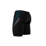 Calza de natación Speedo negra con paneles laterales estampados en celeste y gris.