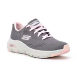 Championes deportivos Skechers Arch Fit Sunny Outlook, color gris con detalles en rosa. Capellada de malla knit, cordones frontales, plantilla Arch Fit removible con soporte en el arco plantar y suela con tracción flexible.